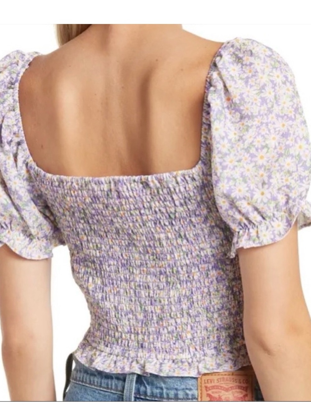 Elodie Lavender Daisy Ruched Drawstring Crop Top - Picture 2 of 6